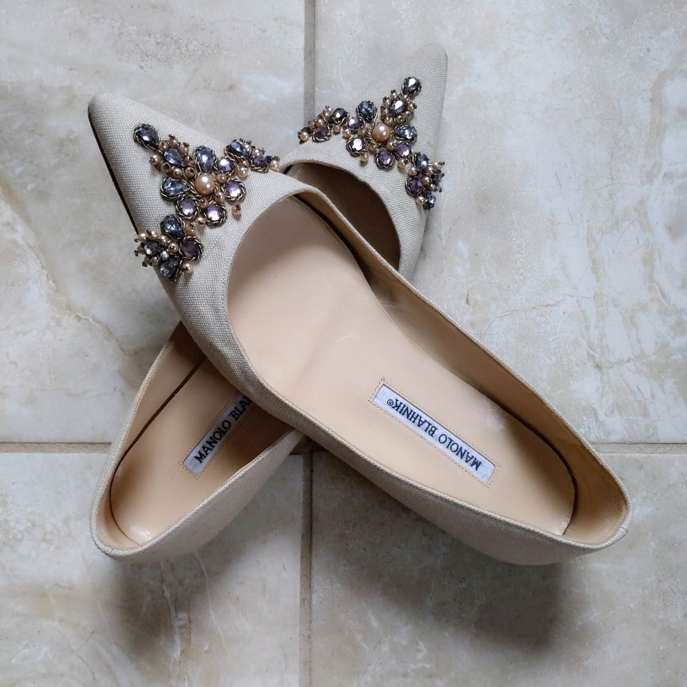 Manolo Blahnik 🎉HP🎉Jeweled Pearl Cord Textured Linen Pointed Ballet Flats 38.5